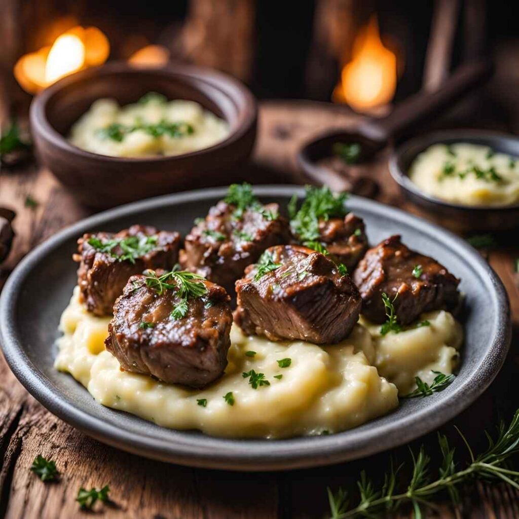 Garlic Butter Steak Bites & Mash