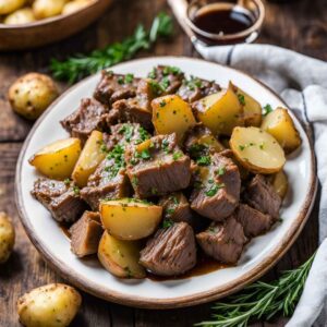 Slow Cooker Garlic Butter Beef Bites & Potatoes