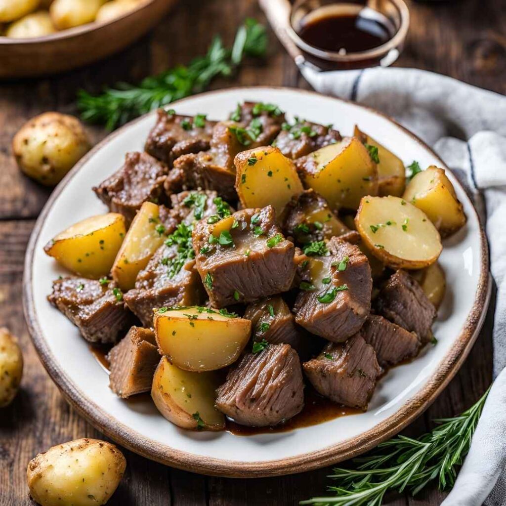 Slow Cooker Garlic Butter Beef Bites & Potatoes