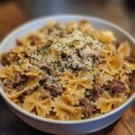 cheesy beef and bowtie pasta in garlic butter