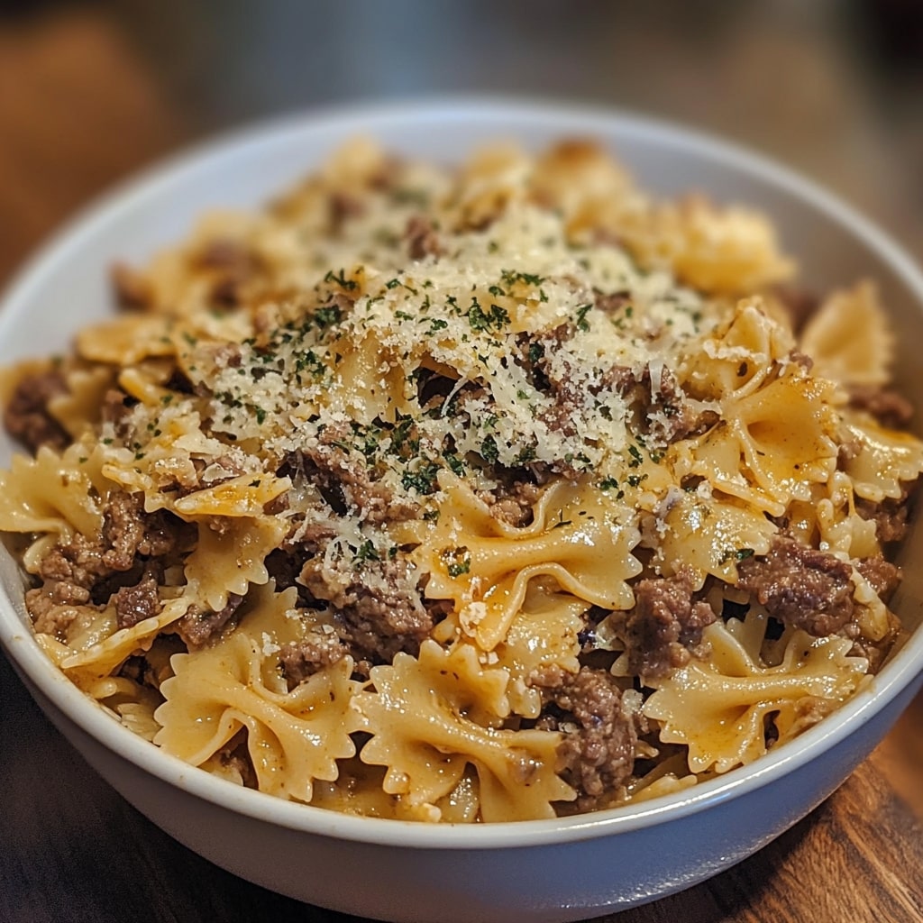 cheesy beef and bowtie pasta in garlic butter