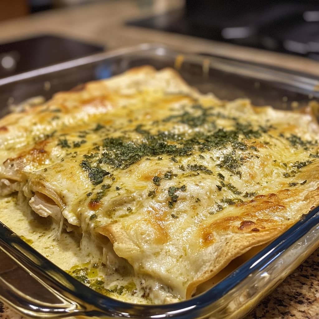 Creamy White Chicken Enchiladas with Green Chili Sour