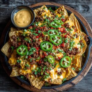 Loaded Nachos with Homemade Cheese Sauce and Jalapeños
