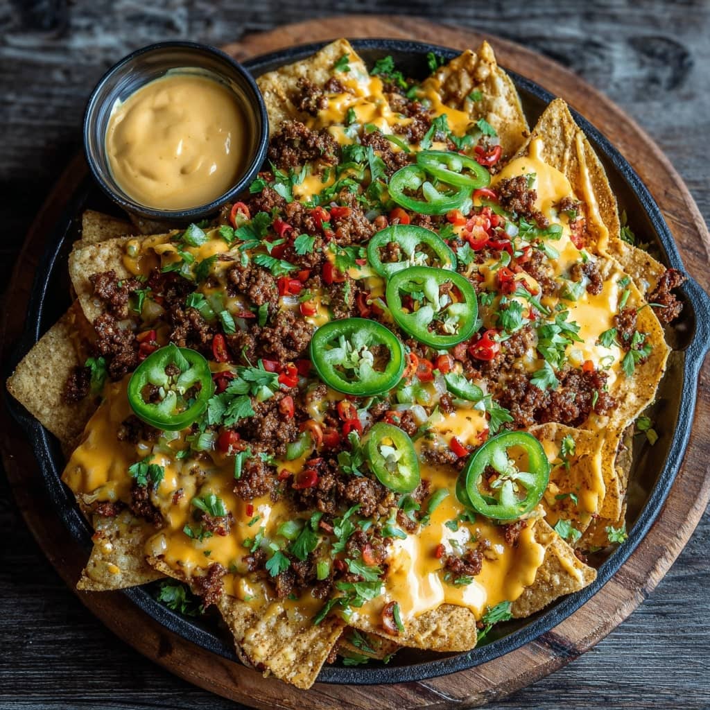 Loaded Nachos with Homemade Cheese Sauce and Jalapeños
