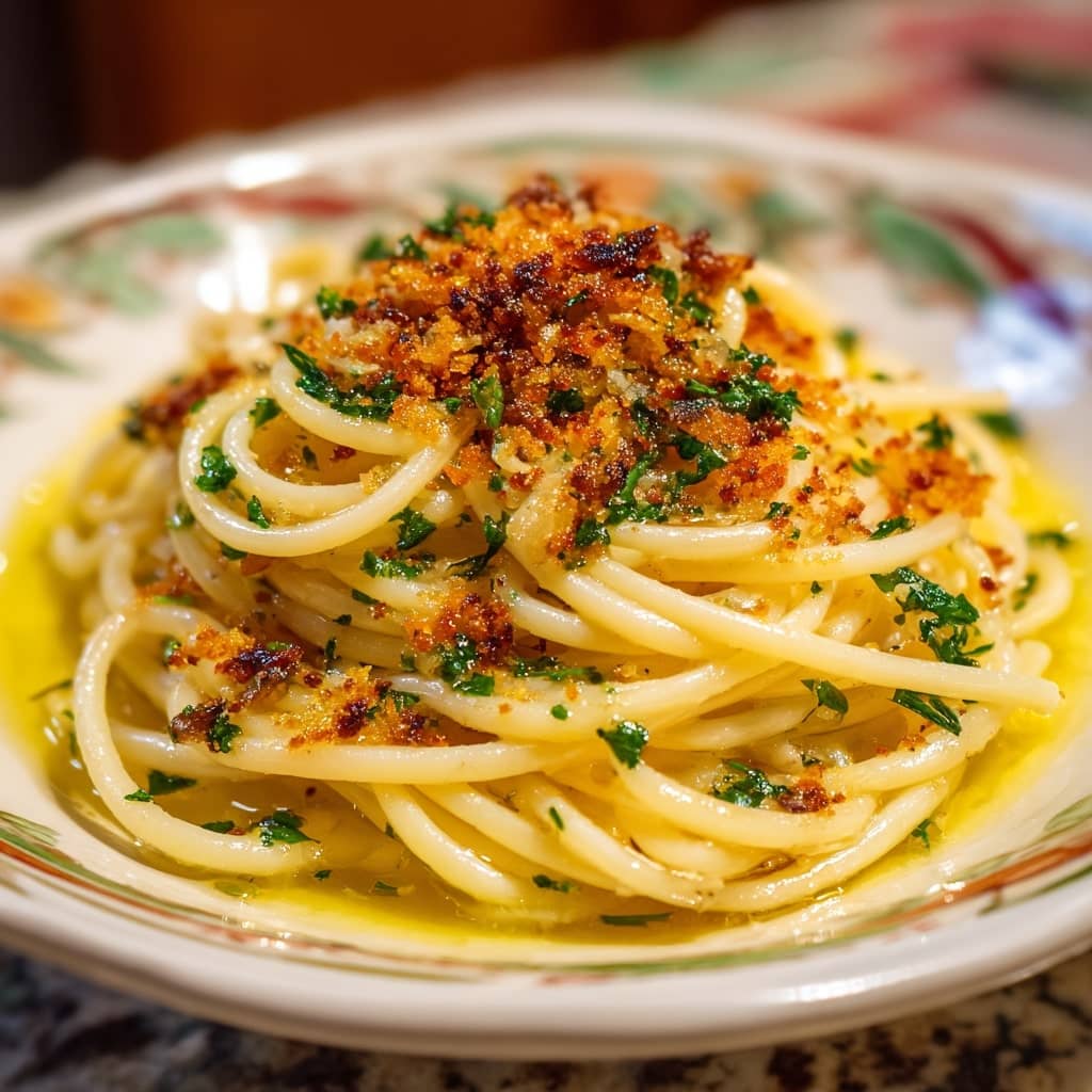 Spaghetti Aglio e Olio with Crispy Breadcrumbs
