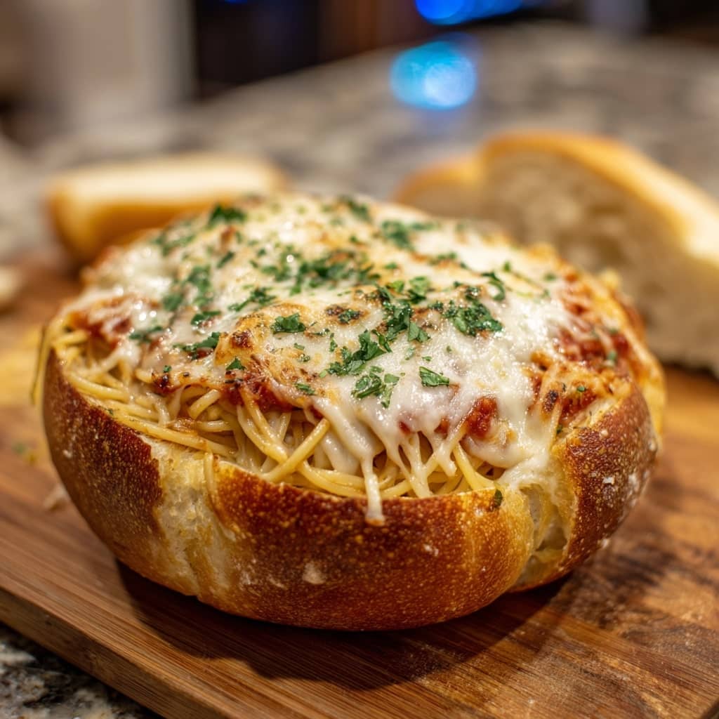 Spaghetti Garlic Bread Bowls