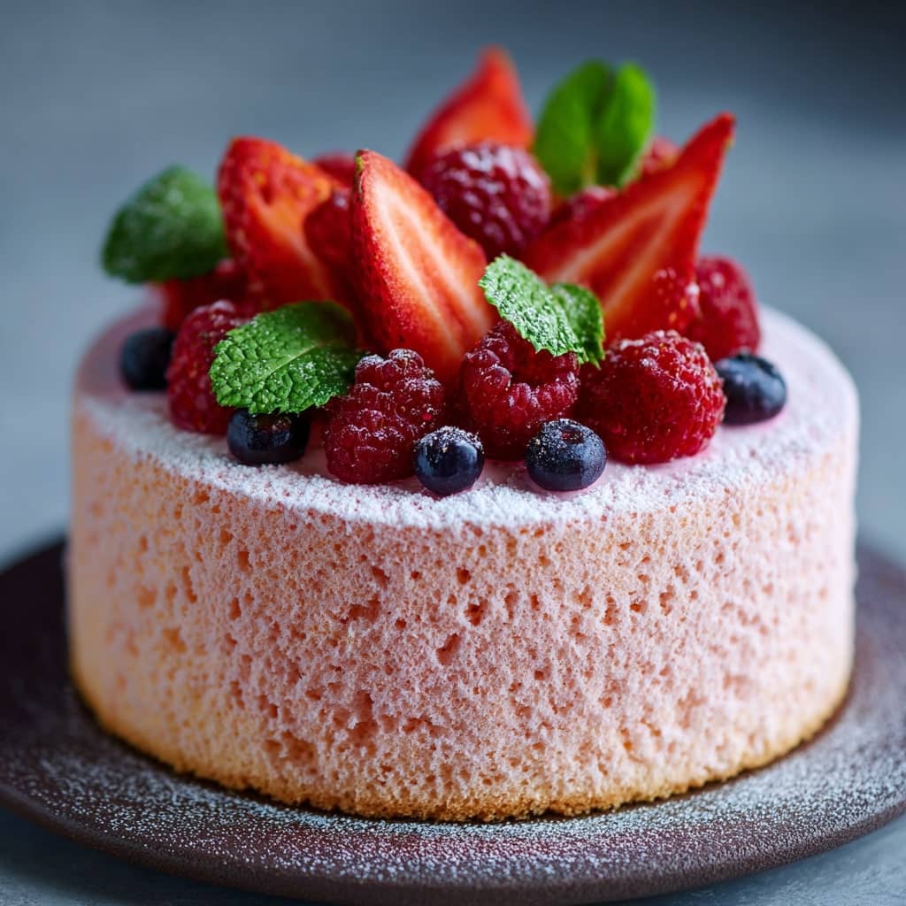 Fluffy Strawberry Chiffon Cake with Fresh Berries
