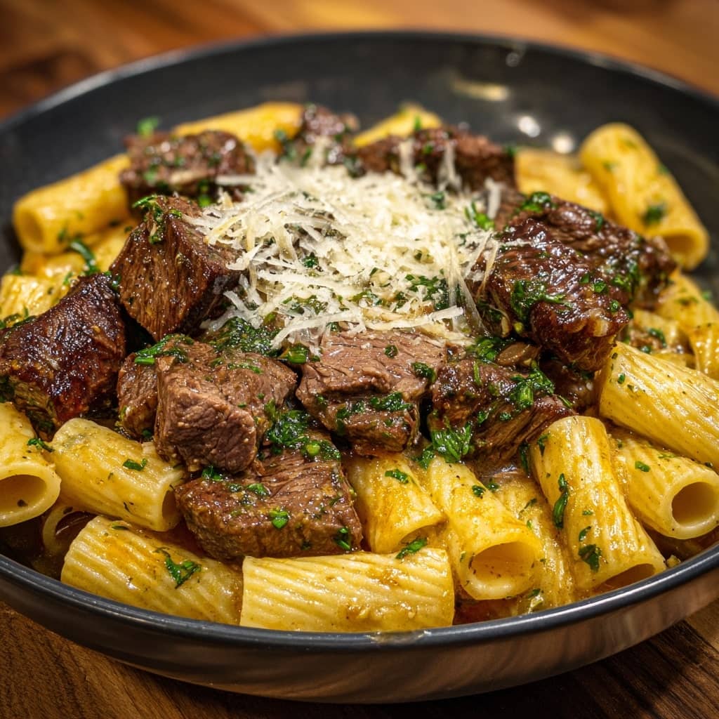 Garlic Butter Steak Tips with Cheesy Rigatoni