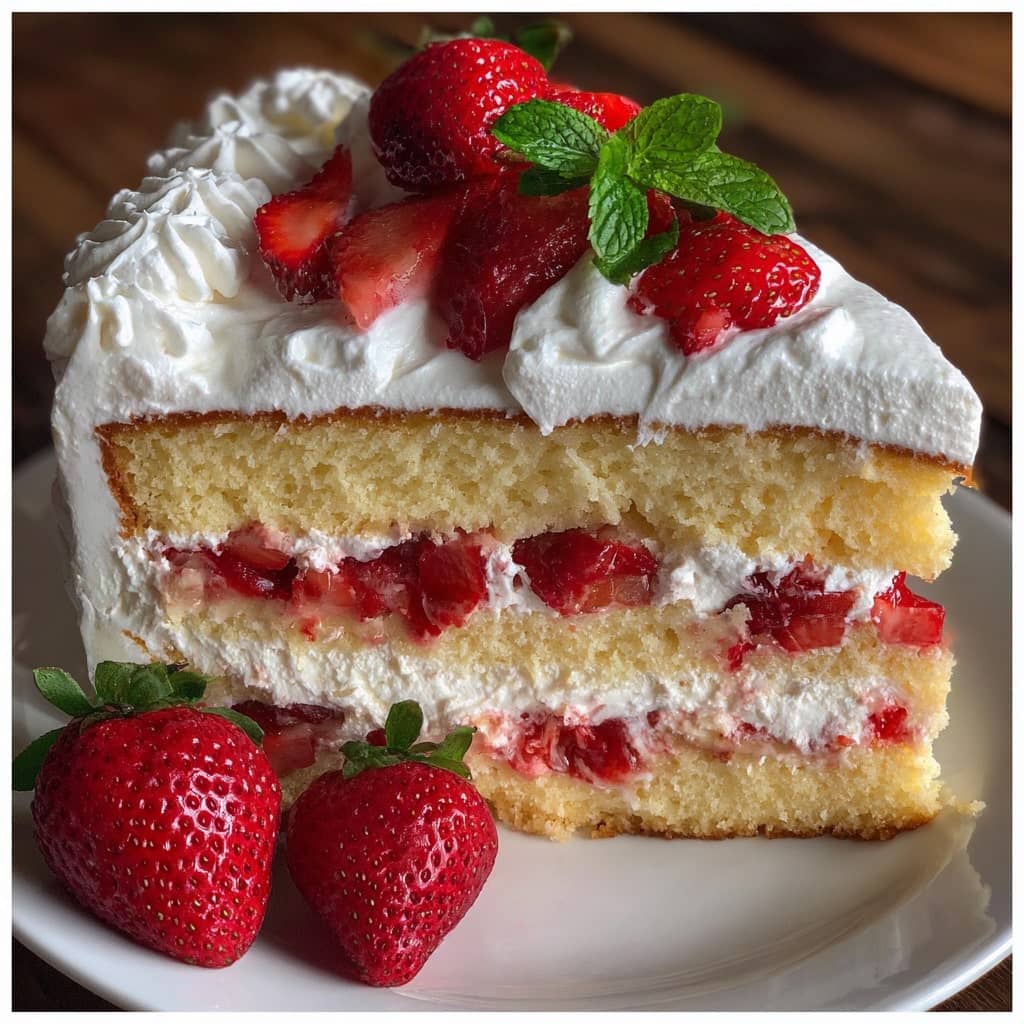 Moist Strawberry Shortcake Cake with Whipped Cream Frosting