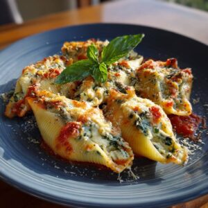 Introduction Spinach & Ricotta Stuffed Shells is a classic baked pasta dish that brings together tender jumbo pasta shells filled with a creamy, savory mixture of ricotta cheese, spinach, and seasonings, all nestled in a bed of rich marinara sauce and topped with melted mozzarella or Parmesan cheese. This comforting and satisfying meal is a staple of Italian-American cuisine, beloved for its hearty texture, balanced flavors, and versatility. Whether served as a weeknight family dinner or as a make-ahead crowd-pleaser for holidays and special occasions, this dish captures everything people love about baked pasta—ooey-gooey cheese, robust tomato sauce, and perfectly cooked pasta all in one comforting bite. It’s easy to prepare, can be made in advance, freezes beautifully, and feeds a crowd, making it one of the most reliable and rewarding recipes in any home cook’s repertoire. The History of Spinach & Ricotta Stuffed Shells Spinach & Ricotta Stuffed Shells are inspired by traditional Italian dishes such as conchiglioni ripieni and cannelloni, both of which involve pasta stuffed with cheese or meat and baked in sauce. While the dish in its current form is primarily associated with Italian-American cuisine, it is rooted in centuries-old Italian cooking traditions that prioritize simple ingredients prepared with care. The use of ricotta cheese, spinach, and herbs as a stuffing is especially common in central and southern Italy, where fresh ricotta is a staple and leafy greens are abundant. The introduction of jumbo pasta shells, known as conchiglioni, became more widespread in the United States during the 20th century as Italian immigrants adapted traditional recipes using available ingredients and equipment. Baked pasta dishes gained popularity for their comforting, make-ahead qualities and became synonymous with home-cooked love and hospitality. Over time, this dish became a familiar sight in home kitchens, Sunday dinners, and potluck tables across America, cementing its status as a beloved classic. Ingredients Breakdown Jumbo Pasta Shells: The vessel for the filling; their large size makes them perfect for stuffing. Cook them until al dente to ensure they hold their shape during baking. Ricotta Cheese: The creamy base of the filling. Use whole milk ricotta for the best flavor and texture, and drain any excess liquid for a firmer filling. Spinach: Fresh or frozen spinach adds color, nutrients, and earthiness. If using frozen, be sure to thaw and squeeze out all moisture. Mozzarella Cheese: Provides gooey, melty goodness on top. Use shredded low-moisture mozzarella for best results. Parmesan Cheese: Adds a sharp, nutty flavor to the filling and topping. Freshly grated Parmesan is ideal. Egg: Helps bind the ricotta filling and gives it a light, fluffy texture. Garlic: Adds depth and savory flavor to the filling. Use fresh minced garlic for the most robust taste. Italian Seasoning: A blend of dried herbs like oregano, basil, and thyme that enhances the filling. Salt and Pepper: Essential for seasoning the filling to taste. Marinara Sauce: The base and topping of the dish. Use store-bought or homemade depending on time and preference. A robust, garlicky sauce works beautifully. Fresh Basil or Parsley (Optional): Adds a pop of freshness and color as garnish. Step-by-Step Recipe Preheat your oven to 375°F (190°C). Lightly grease a 9x13-inch baking dish. Cook the jumbo pasta shells according to package instructions until al dente. Drain and rinse with cold water to stop the cooking process. Set aside. In a large mixing bowl, combine ricotta cheese, thawed and drained spinach, 1 cup shredded mozzarella, ½ cup grated Parmesan, minced garlic, egg, Italian seasoning, salt, and pepper. Stir until fully incorporated. Spread about 1 cup of marinara sauce across the bottom of the prepared baking dish. Using a spoon or piping bag, fill each cooked shell with the ricotta-spinach mixture and place it in the baking dish, open side up. Once all shells are filled and arranged, pour the remaining marinara sauce over the top, then sprinkle with the remaining mozzarella and Parmesan cheese. Cover the dish with foil and bake for 25–30 minutes. Remove the foil and bake for an additional 10 minutes, or until the cheese is bubbly and lightly golden. Let it rest for 5 minutes before serving. Garnish with chopped parsley or fresh basil if desired. Tips for the Perfect Dish Cook the pasta just until al dente—overcooked shells may fall apart during stuffing and baking. Thoroughly drain the spinach to prevent a watery filling; squeeze out moisture with a clean kitchen towel or cheesecloth. Use good-quality ricotta and freshly grated cheese for the best flavor and texture. Make the dish ahead by assembling it fully and refrigerating up to 24 hours before baking. For freezer prep, assemble the dish in a freezer-safe container and wrap tightly; freeze for up to 3 months and bake from frozen (add extra baking time). Cover with foil when baking to trap moisture, then uncover for a golden cheesy top. Use a piping bag or Ziploc with the tip cut off to make filling the shells easier and less messy. Don’t skimp on sauce—extra marinara keeps the shells moist and flavorful. Variations and Customizations Add meat: Stir cooked ground beef, sausage, or turkey into the sauce or the filling for added protein. Use other greens: Kale, Swiss chard, or arugula can replace spinach for different flavors. Make it spicy: Add red pepper flakes to the filling or sauce for a kick. Go gluten-free: Use gluten-free pasta shells and ensure the marinara sauce is gluten-free. Add mushrooms or chopped zucchini to the filling for more veggies. Use a white sauce: Replace marinara with béchamel or Alfredo for a creamy twist. Try vegan: Use plant-based ricotta and shredded vegan cheese, and skip the egg or use a flax egg substitute. Add lemon zest to the filling for a fresh, bright flavor. Use fresh herbs like basil, parsley, or oregano to enhance the filling’s freshness. Health Considerations and Nutritional Value Spinach & Ricotta Stuffed Shells can be a nutritious and satisfying meal when made with wholesome ingredients and thoughtful portions. Ricotta provides a good source of calcium and protein, especially when made from whole milk, and mozzarella and Parmesan contribute additional protein and essential minerals like phosphorus. Spinach is rich in iron, folate, vitamin A, and fiber, making it a valuable addition to the dish. To lighten the meal, consider using part-skim ricotta, reducing the amount of mozzarella, or adding extra vegetables to the filling. You can also serve the shells with a large side salad or steamed veggies to balance the plate. Whole grain pasta shells, if available, can increase the fiber content and provide complex carbohydrates. For those watching sodium, opt for low-sodium marinara and avoid oversalting the filling. By adjusting cheese portions and incorporating more vegetables, this dish can fit comfortably into a variety of balanced eating plans. FAQ Can I use fresh spinach instead of frozen? Yes, just sauté it until wilted, then cool and chop before adding to the filling. Can I freeze the stuffed shells? Absolutely—assemble the dish and freeze before baking. Bake directly from frozen, adding extra time. How long will leftovers last in the fridge? Up to 3–4 days in an airtight container. Reheat in the oven or microwave until hot. Can I use cottage cheese instead of ricotta? Yes, though the texture will be looser. You can blend it for a smoother consistency. Is it okay to use store-bought marinara? Definitely—choose a quality brand with simple ingredients or make your own for more control. Do I have to cook the shells before stuffing them? Yes, they need to be boiled until al dente to be pliable for stuffing and baking. Can I make it ahead of time? Yes, prepare it the day before and refrigerate until ready to bake. What can I serve with it? A green salad, garlic bread, or roasted vegetables make perfect sides. Is this dish vegetarian? Yes, as long as you use cheese without animal rennet and vegetarian-friendly marinara. Can I double the recipe? Yes, use a larger baking dish or two separate pans if feeding a crowd.