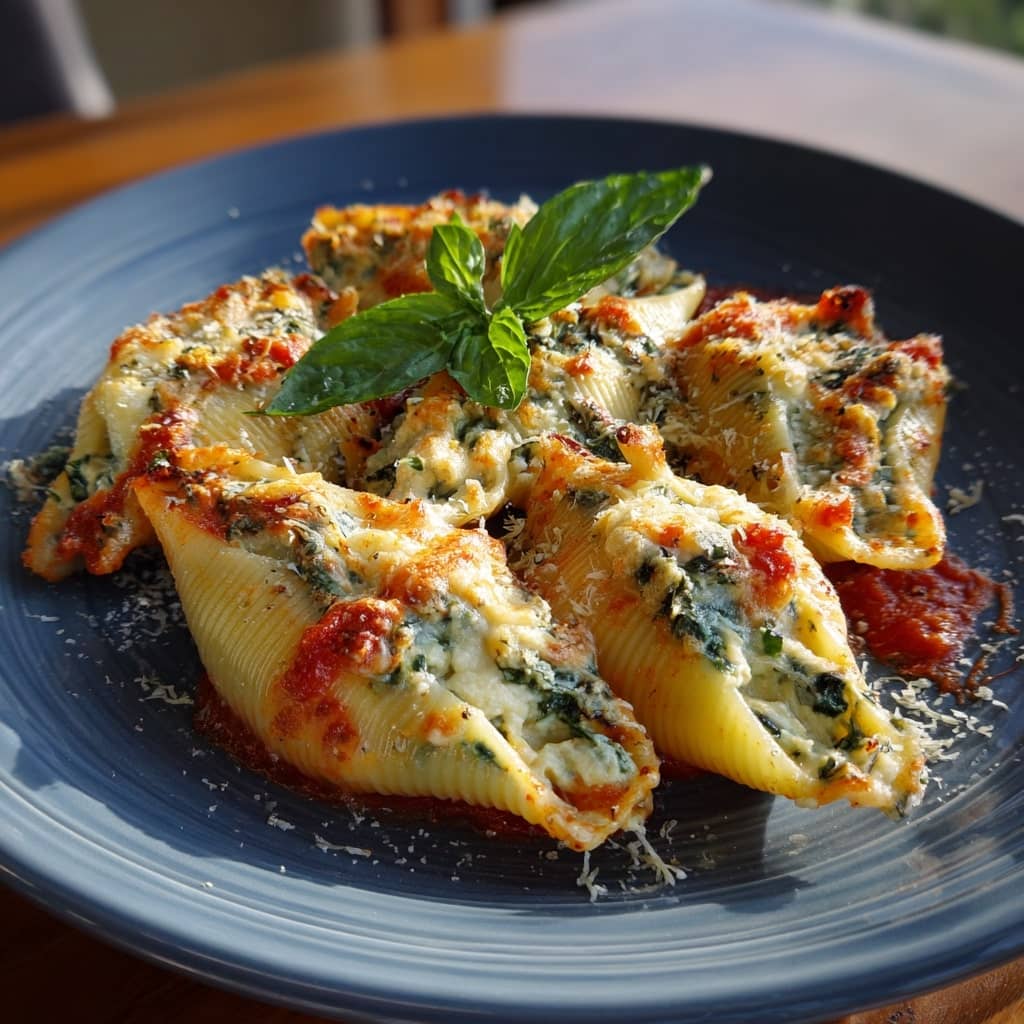 Introduction Spinach & Ricotta Stuffed Shells is a classic baked pasta dish that brings together tender jumbo pasta shells filled with a creamy, savory mixture of ricotta cheese, spinach, and seasonings, all nestled in a bed of rich marinara sauce and topped with melted mozzarella or Parmesan cheese. This comforting and satisfying meal is a staple of Italian-American cuisine, beloved for its hearty texture, balanced flavors, and versatility. Whether served as a weeknight family dinner or as a make-ahead crowd-pleaser for holidays and special occasions, this dish captures everything people love about baked pasta—ooey-gooey cheese, robust tomato sauce, and perfectly cooked pasta all in one comforting bite. It’s easy to prepare, can be made in advance, freezes beautifully, and feeds a crowd, making it one of the most reliable and rewarding recipes in any home cook’s repertoire. The History of Spinach & Ricotta Stuffed Shells Spinach & Ricotta Stuffed Shells are inspired by traditional Italian dishes such as conchiglioni ripieni and cannelloni, both of which involve pasta stuffed with cheese or meat and baked in sauce. While the dish in its current form is primarily associated with Italian-American cuisine, it is rooted in centuries-old Italian cooking traditions that prioritize simple ingredients prepared with care. The use of ricotta cheese, spinach, and herbs as a stuffing is especially common in central and southern Italy, where fresh ricotta is a staple and leafy greens are abundant. The introduction of jumbo pasta shells, known as conchiglioni, became more widespread in the United States during the 20th century as Italian immigrants adapted traditional recipes using available ingredients and equipment. Baked pasta dishes gained popularity for their comforting, make-ahead qualities and became synonymous with home-cooked love and hospitality. Over time, this dish became a familiar sight in home kitchens, Sunday dinners, and potluck tables across America, cementing its status as a beloved classic. Ingredients Breakdown Jumbo Pasta Shells: The vessel for the filling; their large size makes them perfect for stuffing. Cook them until al dente to ensure they hold their shape during baking. Ricotta Cheese: The creamy base of the filling. Use whole milk ricotta for the best flavor and texture, and drain any excess liquid for a firmer filling. Spinach: Fresh or frozen spinach adds color, nutrients, and earthiness. If using frozen, be sure to thaw and squeeze out all moisture. Mozzarella Cheese: Provides gooey, melty goodness on top. Use shredded low-moisture mozzarella for best results. Parmesan Cheese: Adds a sharp, nutty flavor to the filling and topping. Freshly grated Parmesan is ideal. Egg: Helps bind the ricotta filling and gives it a light, fluffy texture. Garlic: Adds depth and savory flavor to the filling. Use fresh minced garlic for the most robust taste. Italian Seasoning: A blend of dried herbs like oregano, basil, and thyme that enhances the filling. Salt and Pepper: Essential for seasoning the filling to taste. Marinara Sauce: The base and topping of the dish. Use store-bought or homemade depending on time and preference. A robust, garlicky sauce works beautifully. Fresh Basil or Parsley (Optional): Adds a pop of freshness and color as garnish. Step-by-Step Recipe Preheat your oven to 375°F (190°C). Lightly grease a 9x13-inch baking dish. Cook the jumbo pasta shells according to package instructions until al dente. Drain and rinse with cold water to stop the cooking process. Set aside. In a large mixing bowl, combine ricotta cheese, thawed and drained spinach, 1 cup shredded mozzarella, ½ cup grated Parmesan, minced garlic, egg, Italian seasoning, salt, and pepper. Stir until fully incorporated. Spread about 1 cup of marinara sauce across the bottom of the prepared baking dish. Using a spoon or piping bag, fill each cooked shell with the ricotta-spinach mixture and place it in the baking dish, open side up. Once all shells are filled and arranged, pour the remaining marinara sauce over the top, then sprinkle with the remaining mozzarella and Parmesan cheese. Cover the dish with foil and bake for 25–30 minutes. Remove the foil and bake for an additional 10 minutes, or until the cheese is bubbly and lightly golden. Let it rest for 5 minutes before serving. Garnish with chopped parsley or fresh basil if desired. Tips for the Perfect Dish Cook the pasta just until al dente—overcooked shells may fall apart during stuffing and baking. Thoroughly drain the spinach to prevent a watery filling; squeeze out moisture with a clean kitchen towel or cheesecloth. Use good-quality ricotta and freshly grated cheese for the best flavor and texture. Make the dish ahead by assembling it fully and refrigerating up to 24 hours before baking. For freezer prep, assemble the dish in a freezer-safe container and wrap tightly; freeze for up to 3 months and bake from frozen (add extra baking time). Cover with foil when baking to trap moisture, then uncover for a golden cheesy top. Use a piping bag or Ziploc with the tip cut off to make filling the shells easier and less messy. Don’t skimp on sauce—extra marinara keeps the shells moist and flavorful. Variations and Customizations Add meat: Stir cooked ground beef, sausage, or turkey into the sauce or the filling for added protein. Use other greens: Kale, Swiss chard, or arugula can replace spinach for different flavors. Make it spicy: Add red pepper flakes to the filling or sauce for a kick. Go gluten-free: Use gluten-free pasta shells and ensure the marinara sauce is gluten-free. Add mushrooms or chopped zucchini to the filling for more veggies. Use a white sauce: Replace marinara with béchamel or Alfredo for a creamy twist. Try vegan: Use plant-based ricotta and shredded vegan cheese, and skip the egg or use a flax egg substitute. Add lemon zest to the filling for a fresh, bright flavor. Use fresh herbs like basil, parsley, or oregano to enhance the filling’s freshness. Health Considerations and Nutritional Value Spinach & Ricotta Stuffed Shells can be a nutritious and satisfying meal when made with wholesome ingredients and thoughtful portions. Ricotta provides a good source of calcium and protein, especially when made from whole milk, and mozzarella and Parmesan contribute additional protein and essential minerals like phosphorus. Spinach is rich in iron, folate, vitamin A, and fiber, making it a valuable addition to the dish. To lighten the meal, consider using part-skim ricotta, reducing the amount of mozzarella, or adding extra vegetables to the filling. You can also serve the shells with a large side salad or steamed veggies to balance the plate. Whole grain pasta shells, if available, can increase the fiber content and provide complex carbohydrates. For those watching sodium, opt for low-sodium marinara and avoid oversalting the filling. By adjusting cheese portions and incorporating more vegetables, this dish can fit comfortably into a variety of balanced eating plans. FAQ Can I use fresh spinach instead of frozen? Yes, just sauté it until wilted, then cool and chop before adding to the filling. Can I freeze the stuffed shells? Absolutely—assemble the dish and freeze before baking. Bake directly from frozen, adding extra time. How long will leftovers last in the fridge? Up to 3–4 days in an airtight container. Reheat in the oven or microwave until hot. Can I use cottage cheese instead of ricotta? Yes, though the texture will be looser. You can blend it for a smoother consistency. Is it okay to use store-bought marinara? Definitely—choose a quality brand with simple ingredients or make your own for more control. Do I have to cook the shells before stuffing them? Yes, they need to be boiled until al dente to be pliable for stuffing and baking. Can I make it ahead of time? Yes, prepare it the day before and refrigerate until ready to bake. What can I serve with it? A green salad, garlic bread, or roasted vegetables make perfect sides. Is this dish vegetarian? Yes, as long as you use cheese without animal rennet and vegetarian-friendly marinara. Can I double the recipe? Yes, use a larger baking dish or two separate pans if feeding a crowd.