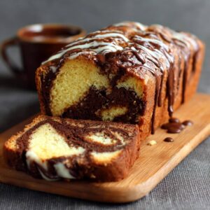 chocolate marble bread with cream cheese glaze
