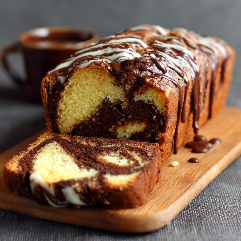 chocolate marble bread with cream cheese glaze
