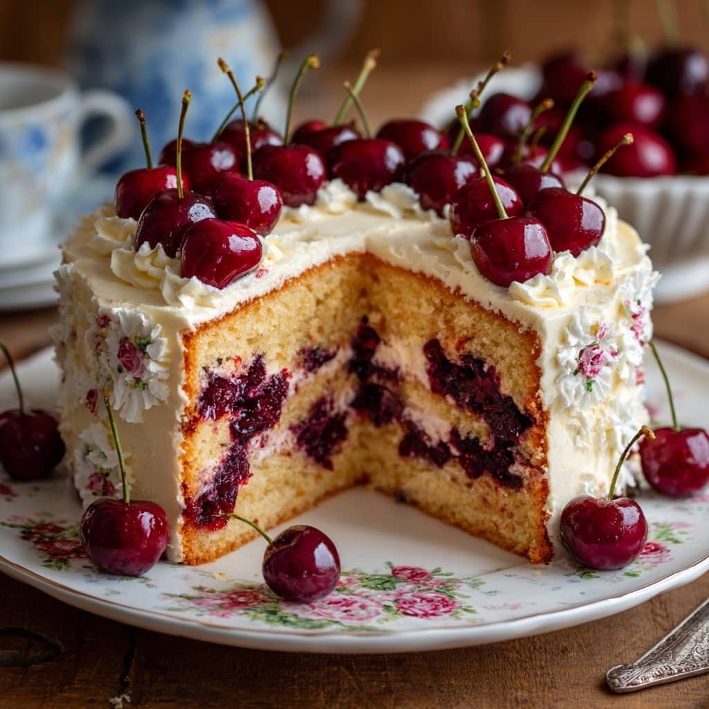 Fluffy Vanilla Cherry Cake with Cream Cheese Frosting