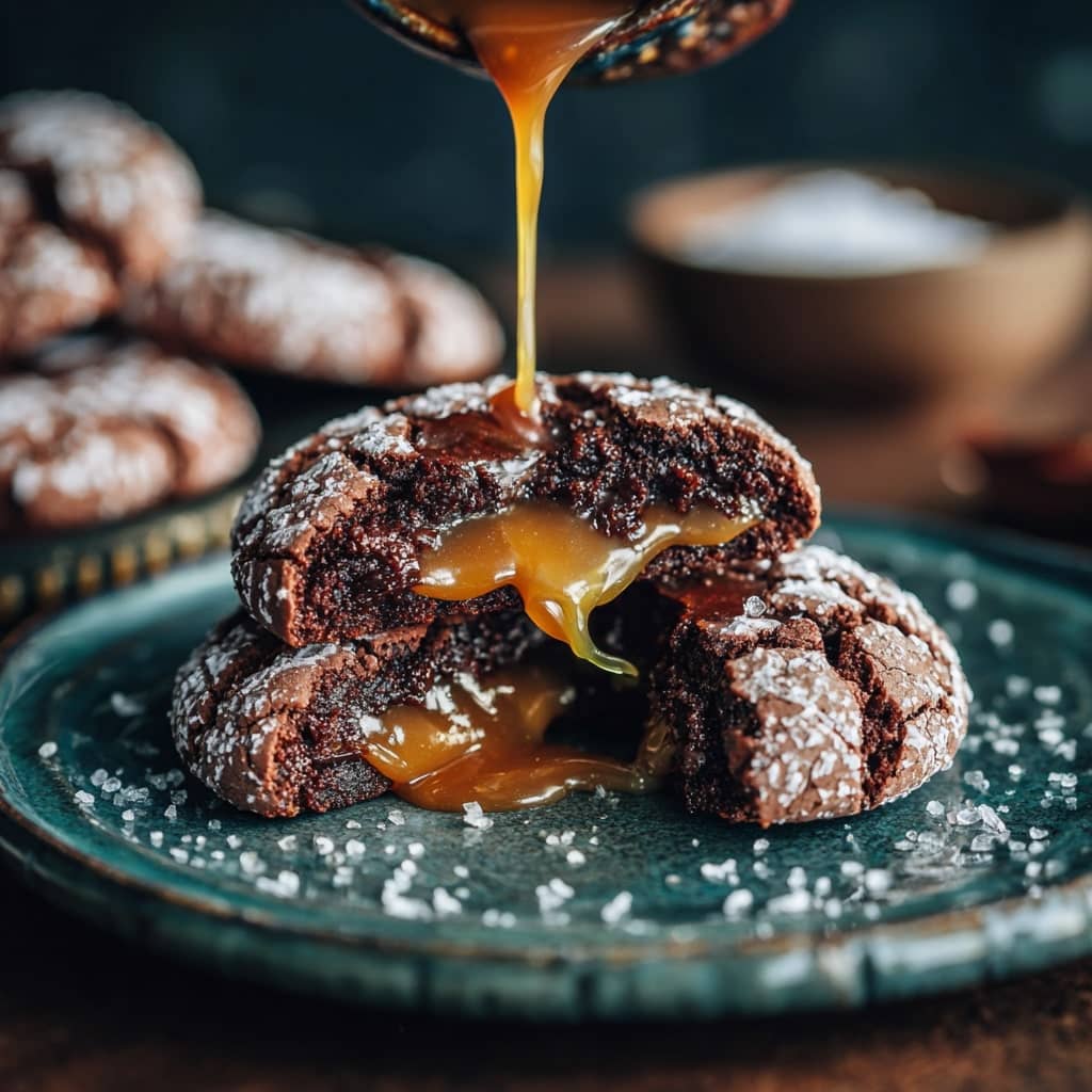 Salted Caramel Stuffed Chocolate Crinkle Cookies