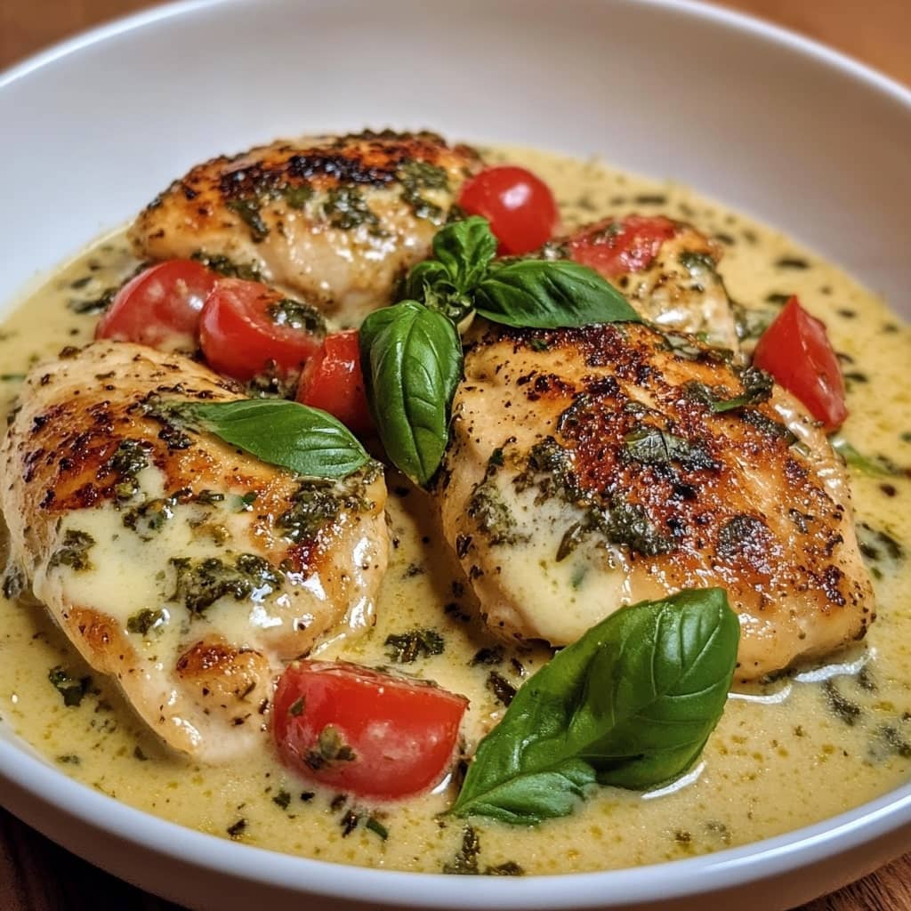 Mozzarella Chicken in Basil Cream Sauce