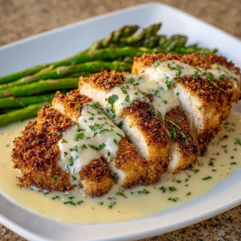 Parmesan Crusted Chicken with Creamy Garlic Sauce