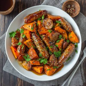 Sausage and Sweet Potatoes with Honey Garlic Sauce
