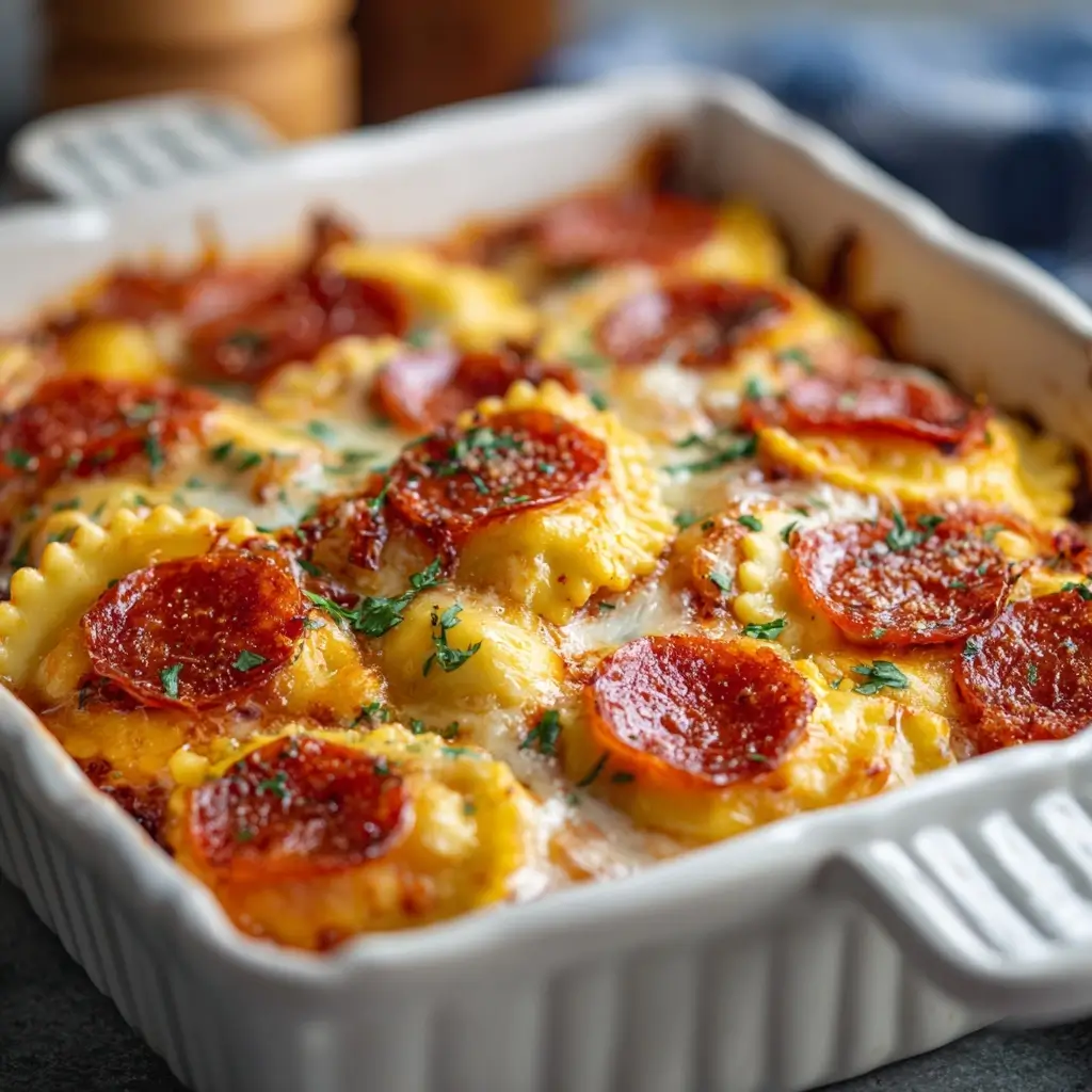 Cheesy Pizza Ravioli Bake