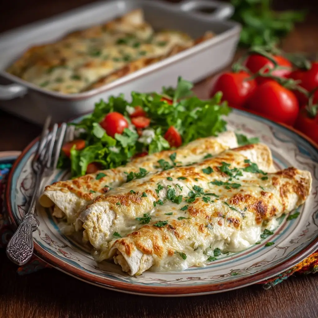 Creamy White Chicken Enchiladas with Green Chili Sour