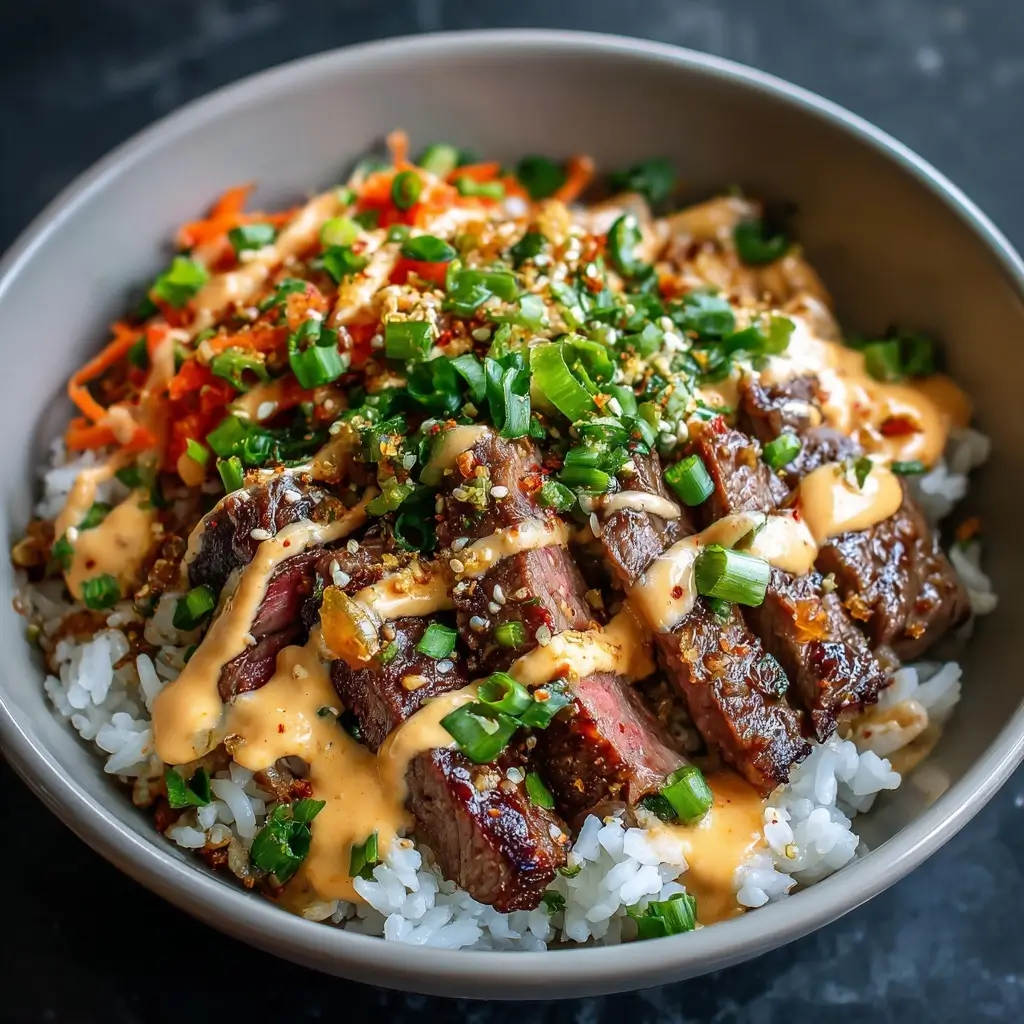 Korean BBQ Steak Rice Bowls with Spicy Cream Sauce