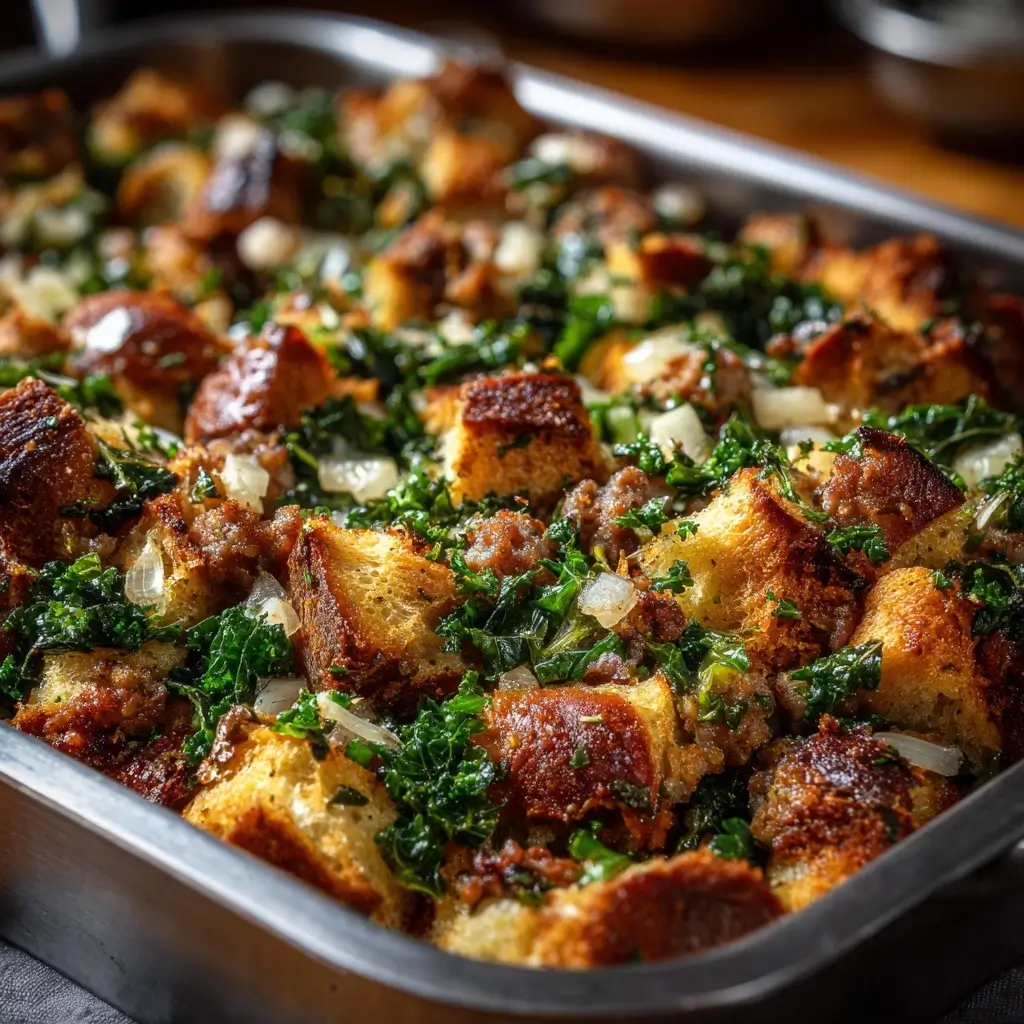 Sourdough Stuffing with Sausage, Onion & Kale