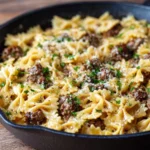 cheesy beef and bowtie pasta in garlic butter