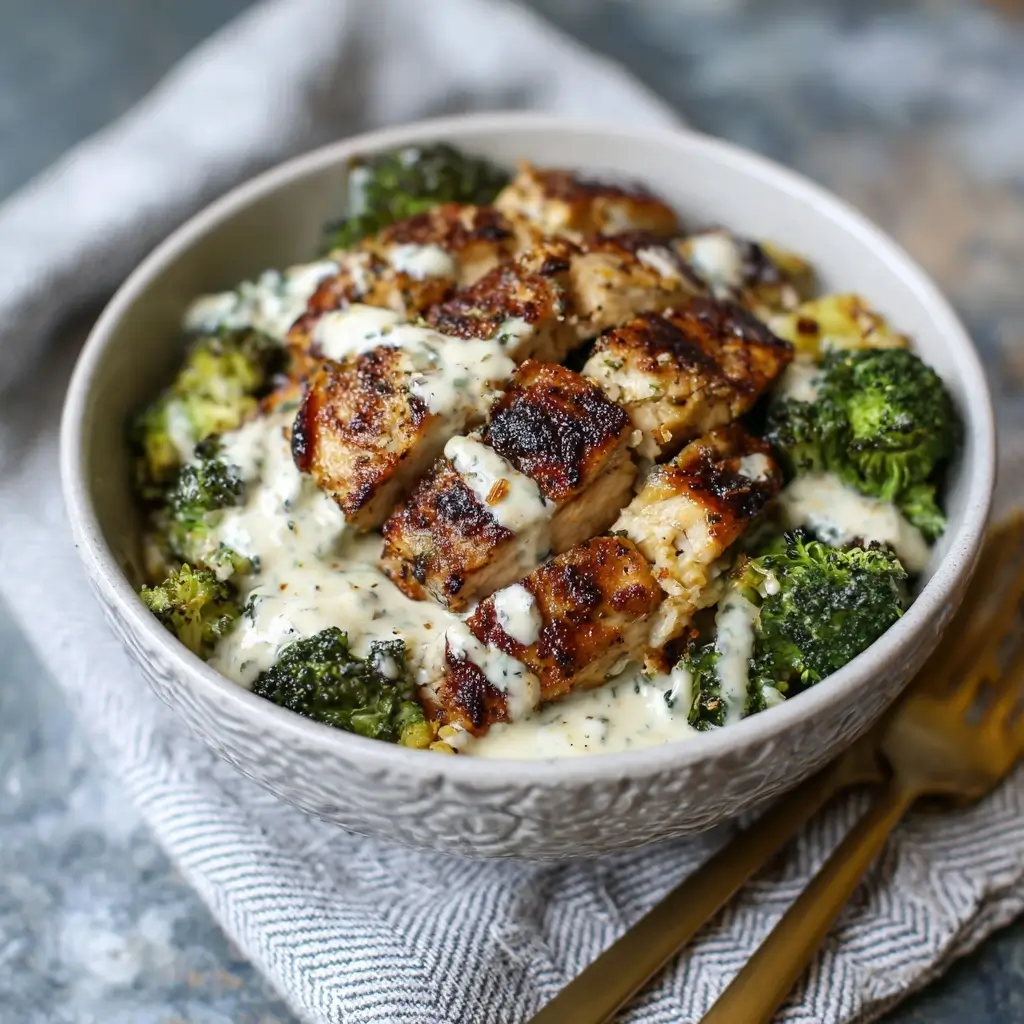 grilled chicken & broccoli bowls with creamy garlic sauce