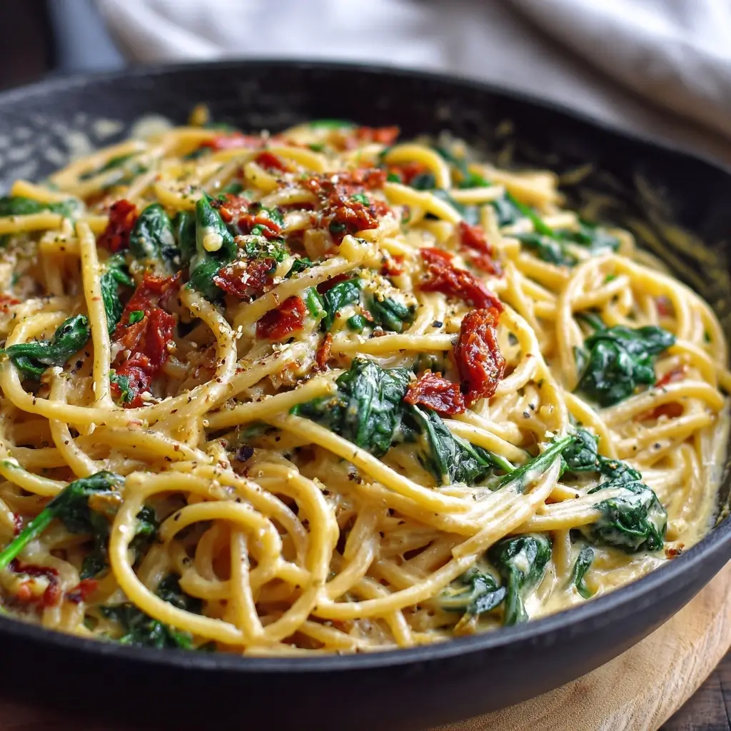 spaghetti & spinach with sun-dried tomato cream sauce