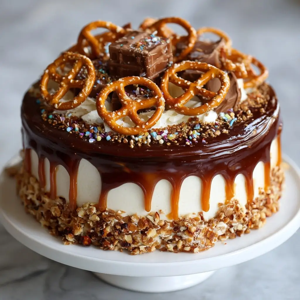 Chocolate Salted Caramel Pretzel Crunch Cake
