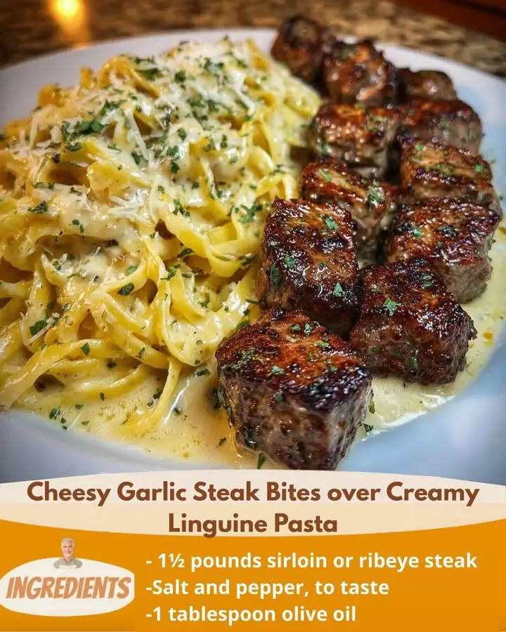 Cheesy Garlic Steak Bites over Creamy Linguine Pasta