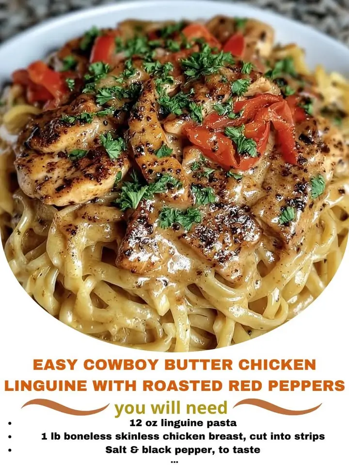 Easy Cowboy Butter Chicken Linguine with Roasted Red Peppers