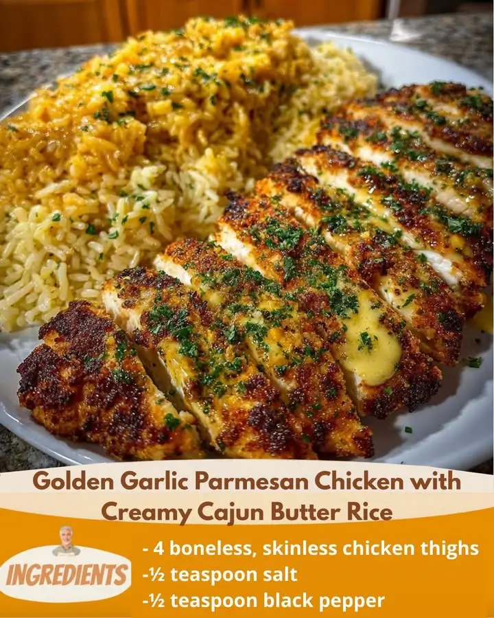 Golden Garlic Parmesan Chicken with Creamy Cajun Butter Rice