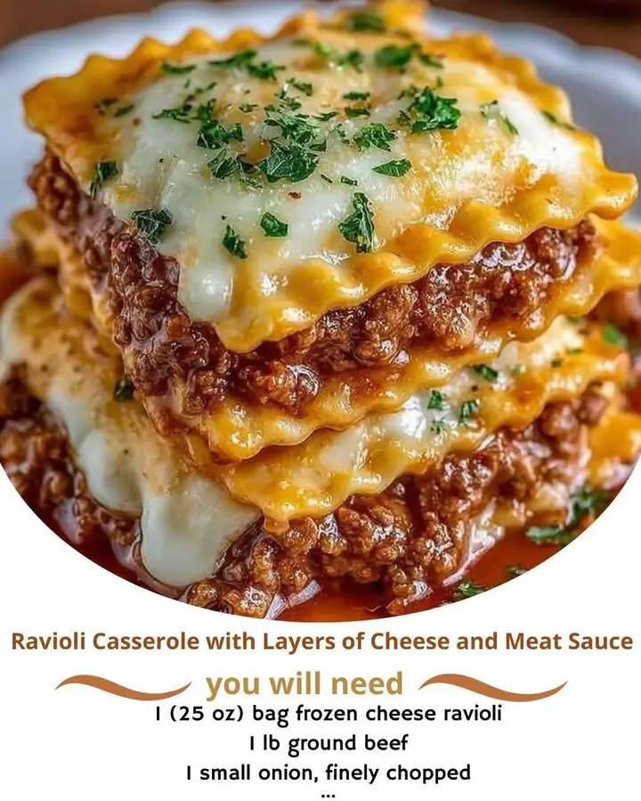 Ravioli Casserole with Layers of Cheese and Meat Sauce