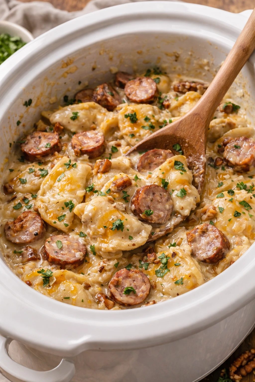 Creamy Crockpot Pierogi Casserole With Kielbasa