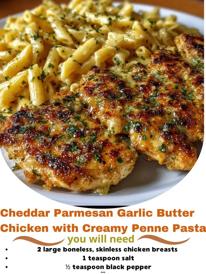 Cheddar Parmesan Garlic Butter Chicken with Creamy Penne Pasta Recipe