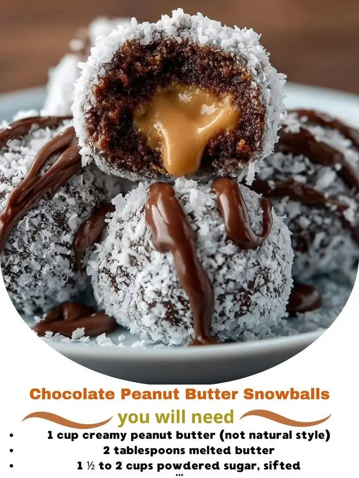 Chocolate Peanut Butter Snowballs with Caramel Drizzle