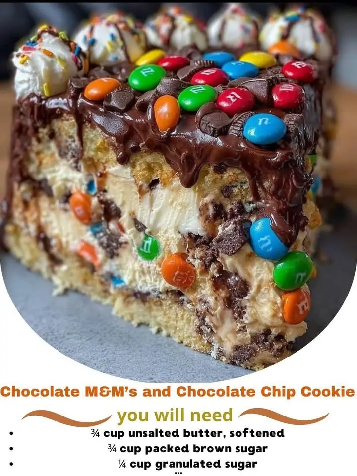 Decadent Chocolate M&M’s and Chocolate Chip Cookie Dough Ice Cream Cake