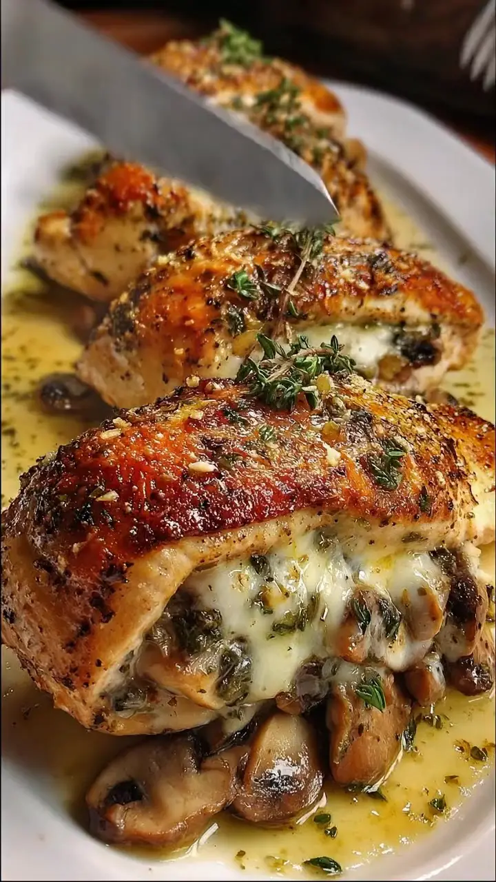 Cheesy Garlic Butter Mushroom Stuffed Chicken