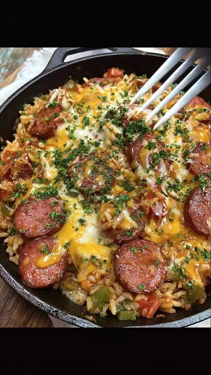 Cheesy Smoked Sausage Rice Skillet