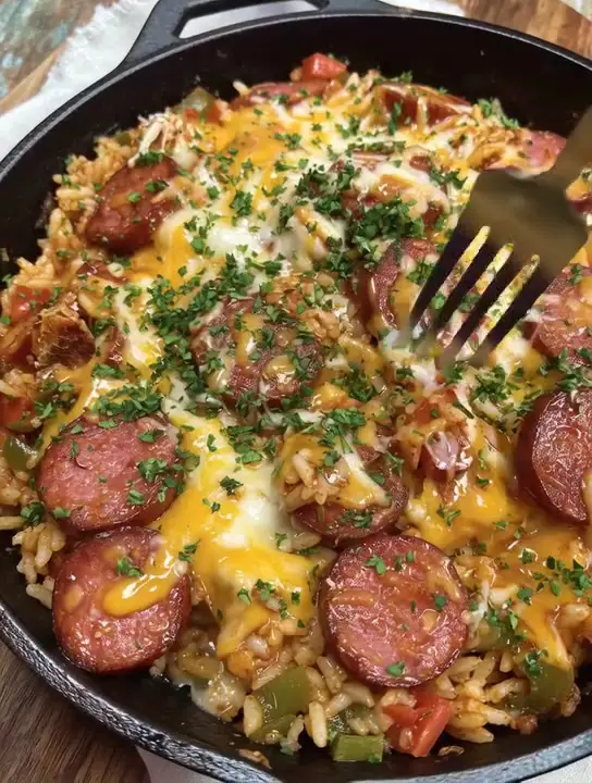 Cheesy Smoked Sausage Rice Skillet