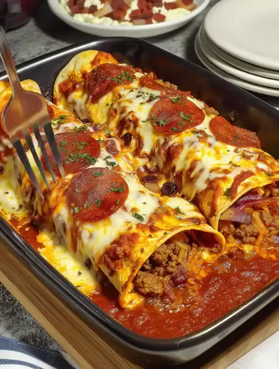 Pizza Enchiladas with Ground Beef & Pepperoni