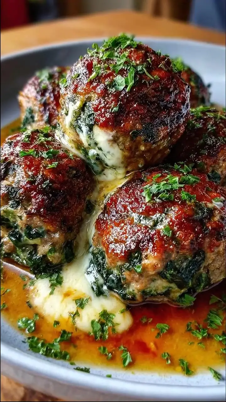 Spinach Garlic Meatballs Stuffed with Mozzarella