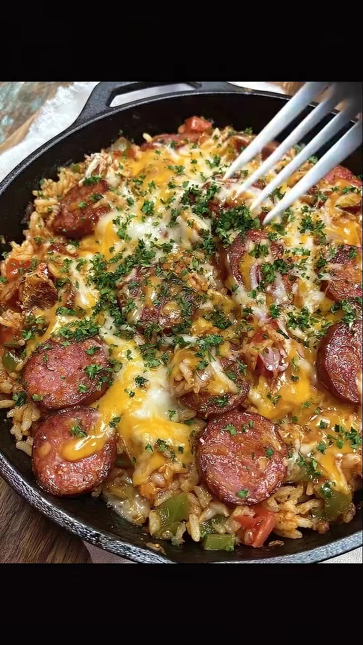 Cheesy Smoked Sausage Rice Skillet