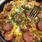 Cheesy Smoked Sausage Rice Skillet