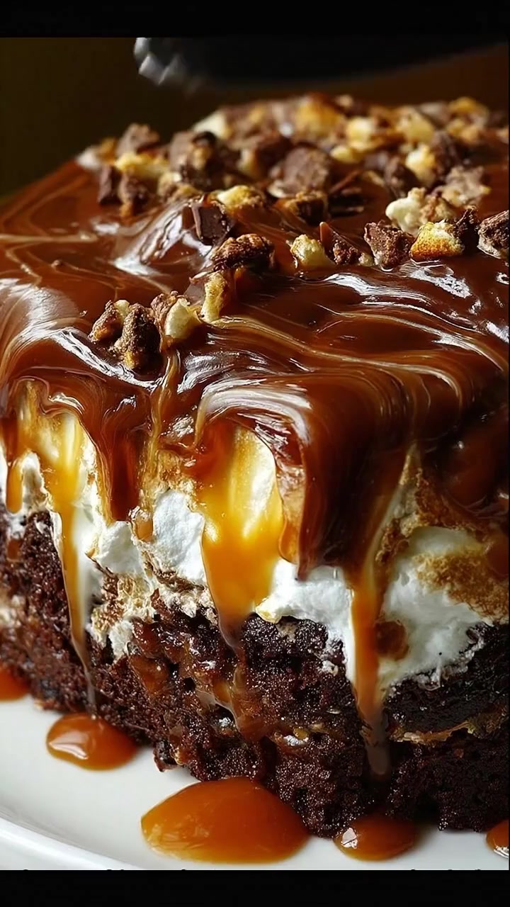 Chocolate Caramel Marshmallow Ooey Gooey Cake