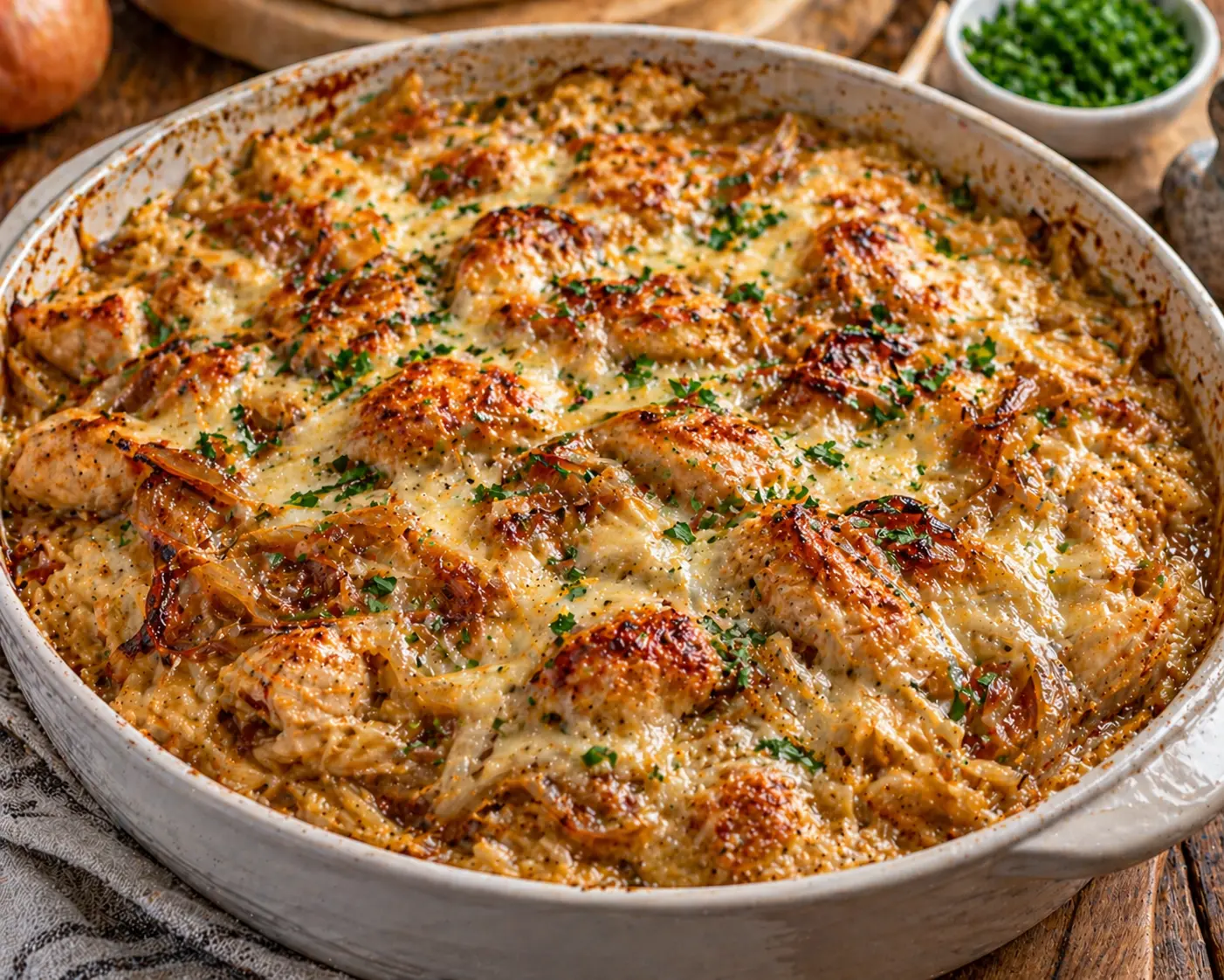 French Onion Chicken Orzo Casserole