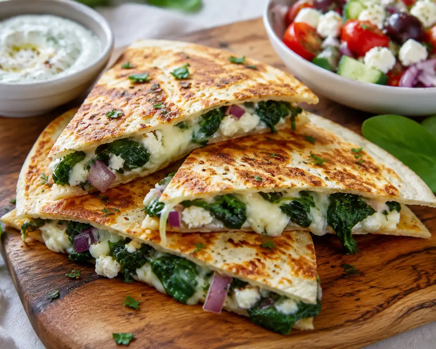 Mediterranean Quesadillas with Spinach Feta Mozzarella and Red Onion